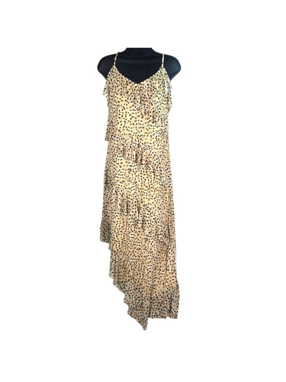 Steve Madden Ada Dress Desert Sand Asymmetrical Leopard Print Tiered Ruffle Spag